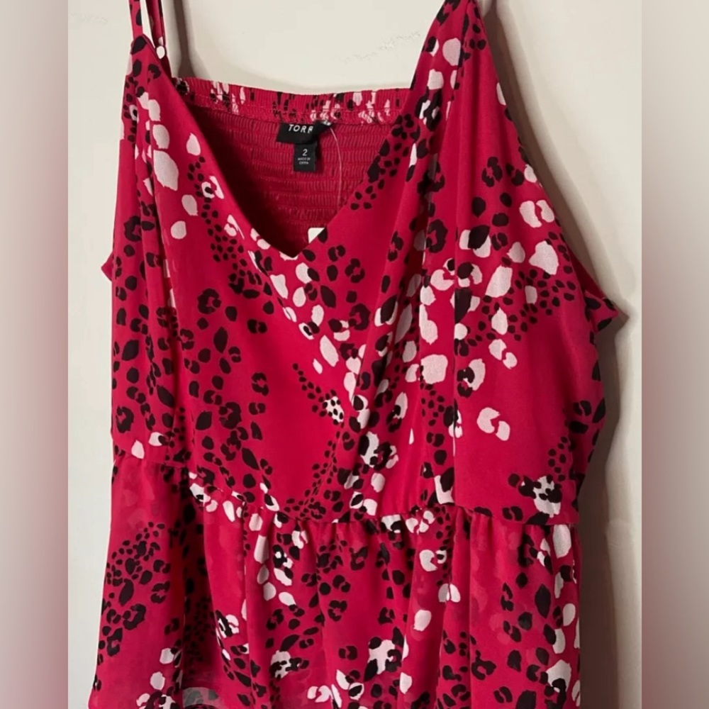 Torrid Women Plus 2X Peplum Tank Top Red Leopard Print Smocked Bust Chiffon Cami